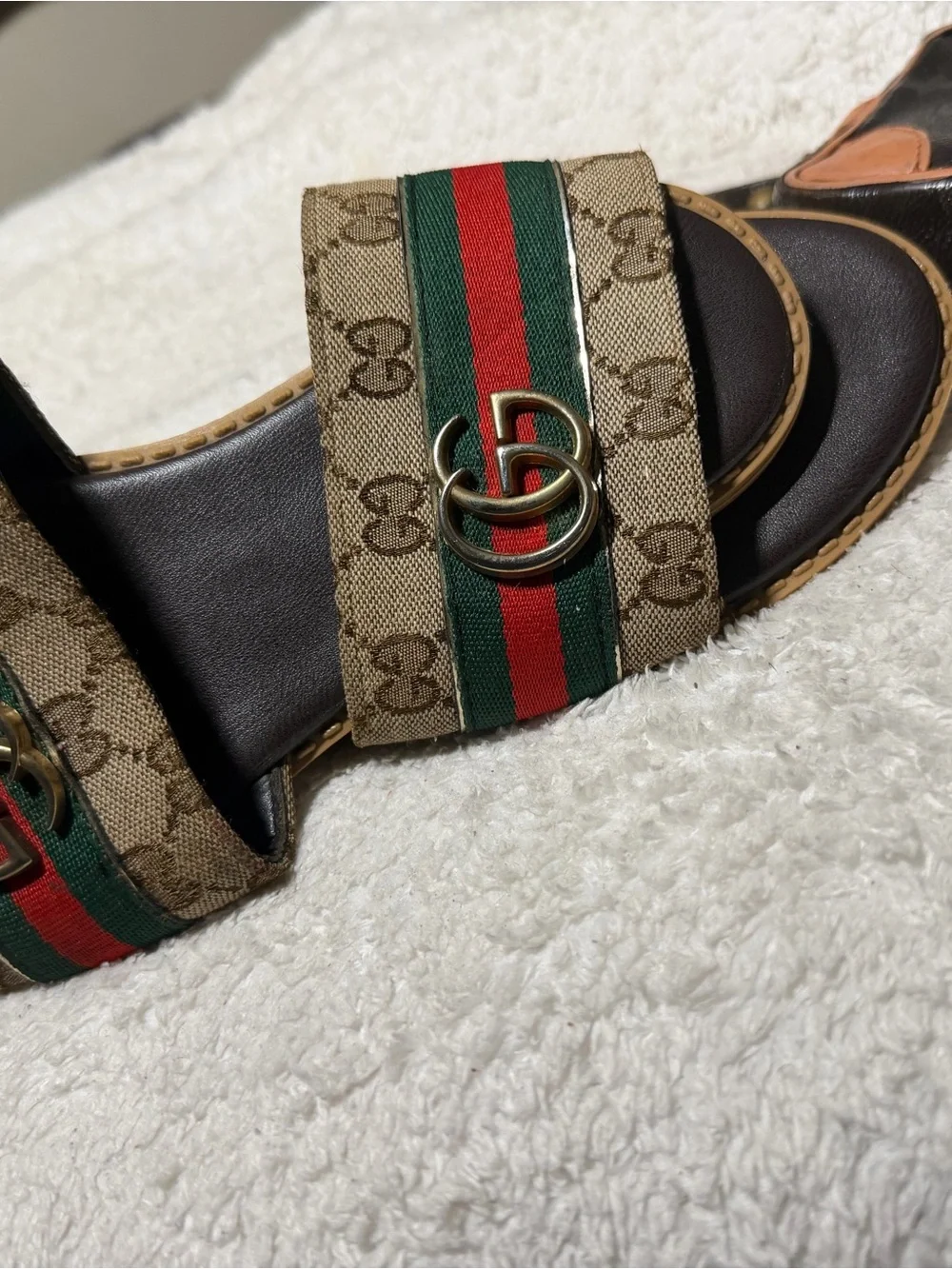 Gucci Beige GG Canvas Slippers with Red & Green Web and Gold Double G - Picture 2 of 6